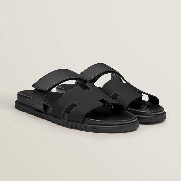 NEW HERMES CHYPRE SANDALS BLACK NOIR EU 37.5 100% Authentic With Box - Picture 1 of 7